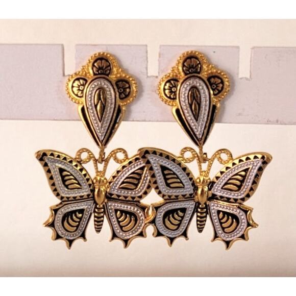 Vtg 40s 50s Japan Damascene Butterfly Screwback Earrings Dangle Art Deco Ornate - Picture 2 of 6
